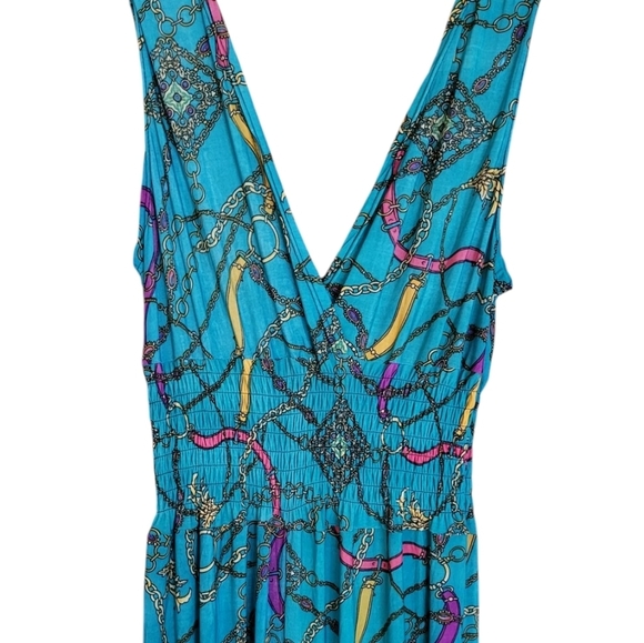 SEXY CUTE TEAL CHAIN PRINT STRETCH JUMPSUIT - Picture 5 of 7